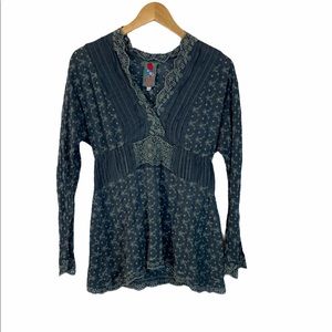Johnny Was Teal blue eyelet mixed print blouse